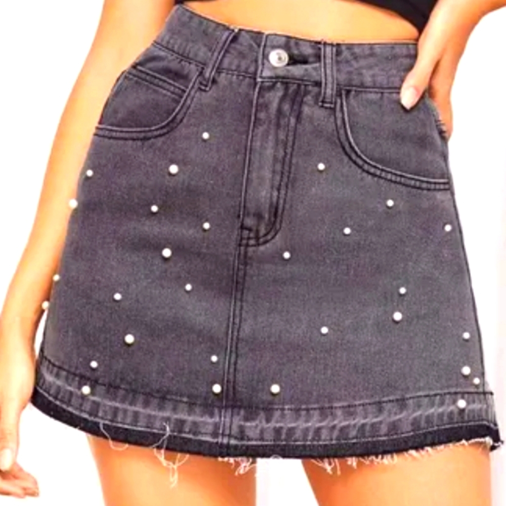 (M)🎀DESIGN LAB Lord & Taylor Denim Jeweled Distressed Mini Skirt🎀W14.5×
